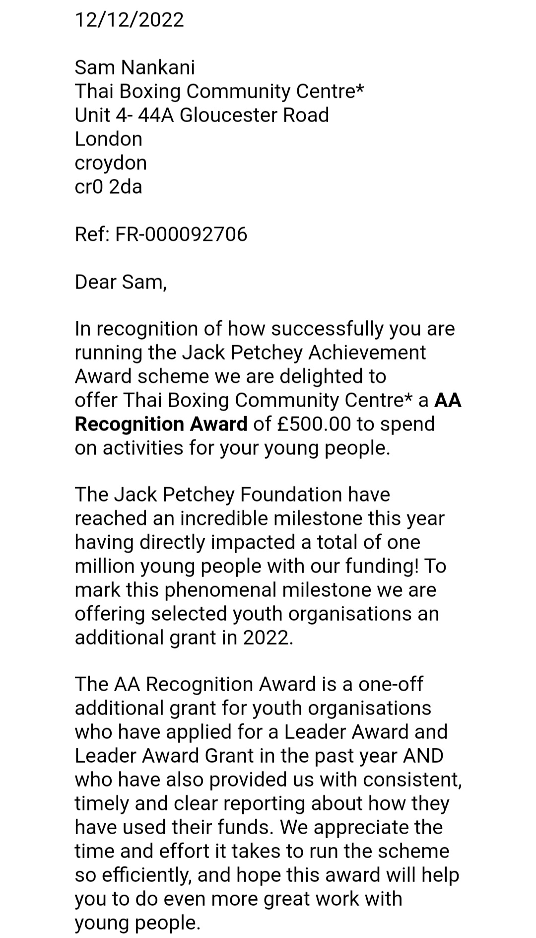 AA star recognition award from Jack Petchey Foundation Thai Boxing